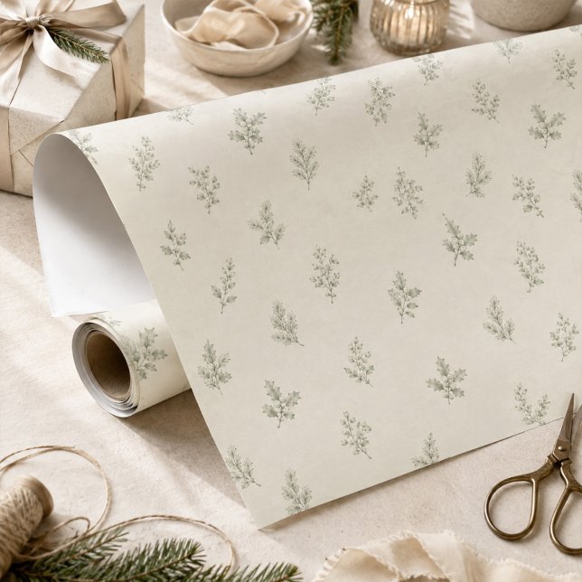 Jul Elegant Grön Lövverk Enkel Presentpapper (Delicate green foliage wrapping paper roll with a plain white reverse side.)