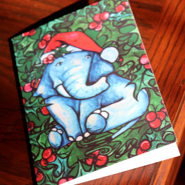 Jul Elephant Holly Yule Helgkort