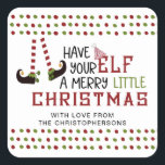 Jul Elf Ben God jul Fyrkantigt Klistermärke<br><div class="desc">Kvistisk och festlig julhelg i ben i ett traditionellt julrödat och grönt färg-program med det roliga ordspråket "Ha en god liten jul" och personlig med ditt namn. Kontakta designern om du vill att designen ska ändras eller på en annan produkt.</div>