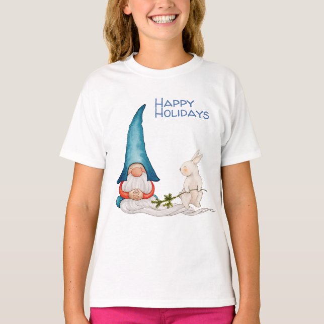 Jul Elf eller Gnome med kanin T Shirt (Framsida)