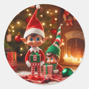 Jul Elf Elves med presentationer AI Image Runt Klistermärke