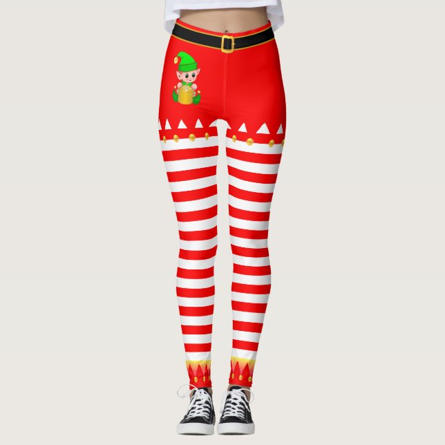 Jul Elf & Jingle Klockor på Red White Stripe Leggings (Framsida)