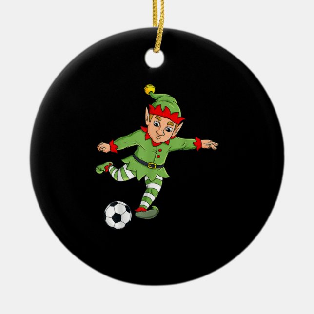 Jul Elf Kicking Soccer Ball Funny Boys Girls Julgransprydnad Keramik (Framsidan)