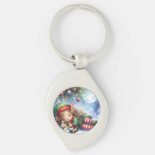 Jul Elf med Calico Kitten Swirl Silverfärgad Nyckelring