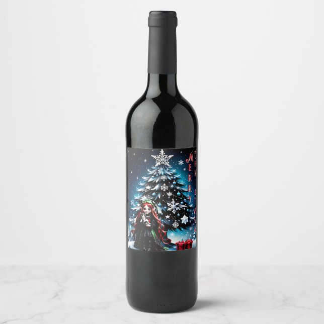 Jul Elf med Kitten. Vinflaska Etikett (Framsida)