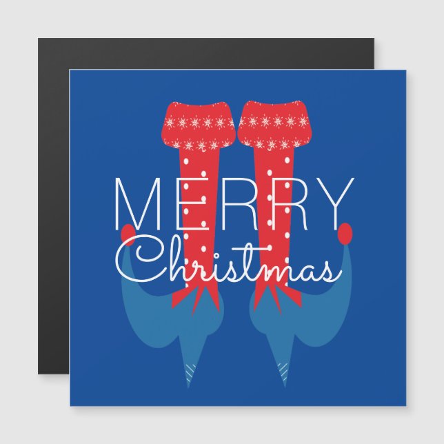 Jul Elf Red Blue Script Snowflake Magnet (Fram/baksida)