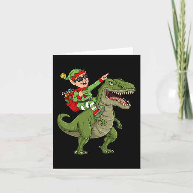 Jul Elf Riding Dinosaur T Rex Boys Kids Roligt Kort (Framsida)