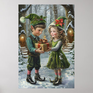 Jul Elves Gift Exchange - Helgdag Woodland Poster