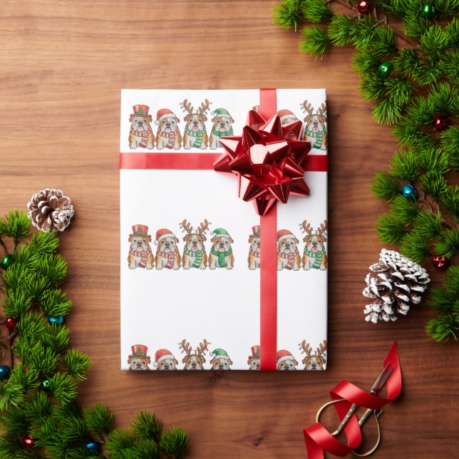 Jul engelsk bulldogg hund jultomte mössa renar presentpapper (Julgåva)