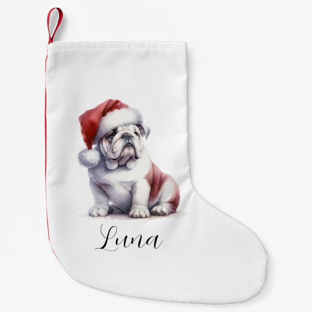 Jul Engelska Bull Dog Santa Hat Liten Julstrumpa (Framsidan)