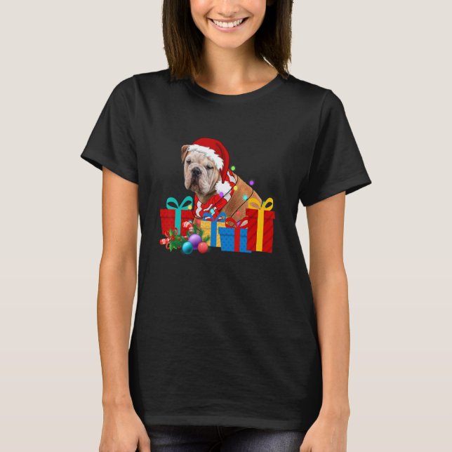 Jul Engelska Bulldog Hund Julafton Ljus Santa Ha T Shirt (Framsida)
