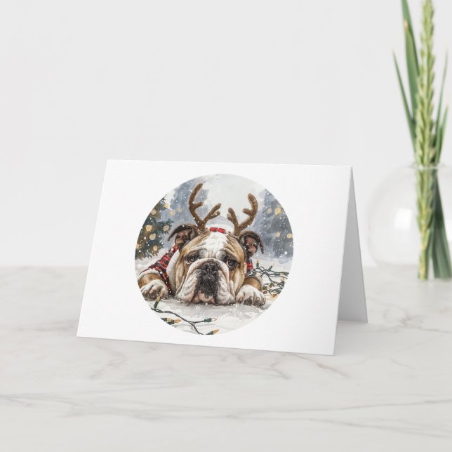 Jul English Bulldog Reindeer Helgkort (Framsida)