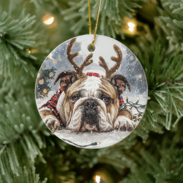 Jul English Bulldog Reindeer Julgransprydnad Keramik