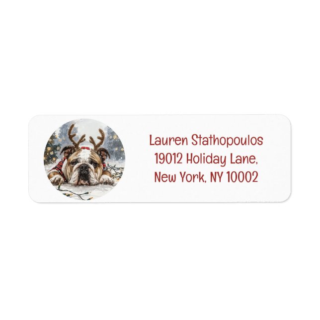 Jul English Bulldog Reindeer Returadress Etikett (Framsidan)