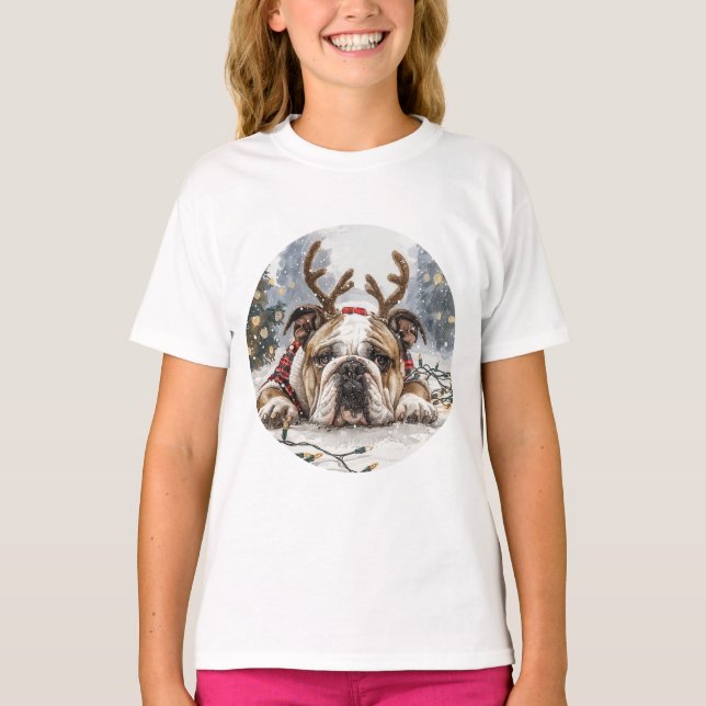 Jul English Bulldog Reindeer T Shirt (Framsida)