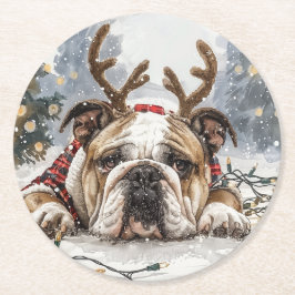 Jul English Bulldog Reindeer Underlägg Papper Rund