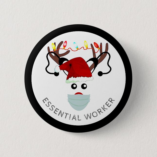 Jul: Essential Worker Reindeer i Ansikte Mask Knapp (Framsida)