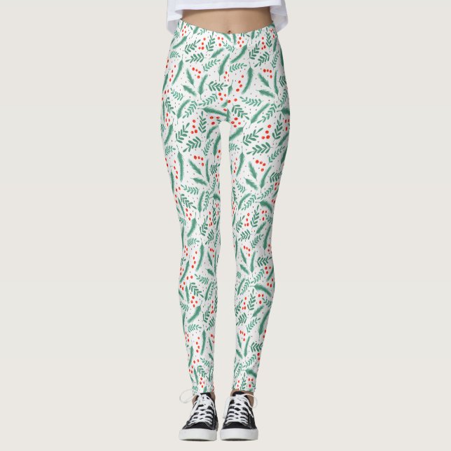 Jul Evergreen Boughs and Holly Berries Leggings (Framsida)