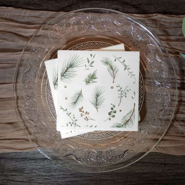 Jul Evergreen Gräs Träd Skogen Cabin Pappersservett (Elegant modern simple Christmas party napkins or business holiday party napkins with evergreen sprig)