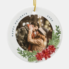 Jul Evergreen och Poinsettia Photo Julgransprydnad Keramik