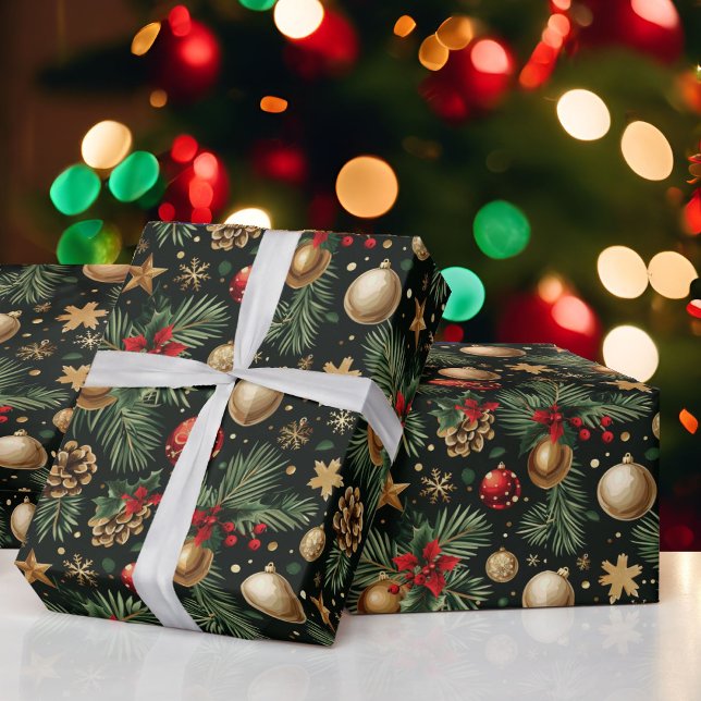 Jul Evergreen Träd Ornaments Red Guld Presentpapper (Skapare uppladdad)