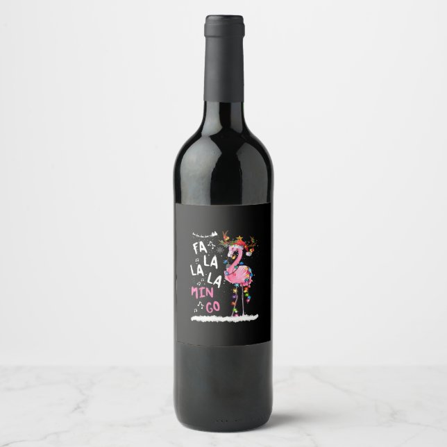 Jul - Fa-La Mingo Flamingo med jul Vinflaska Etikett (Framsida)