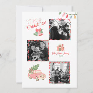 Jul Familj Fyra Fotokollage Retro Rosa Röd Julkort