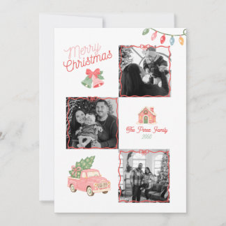 Jul Familj Fyra Fotokollage Retro Rosa Röd Julkort
