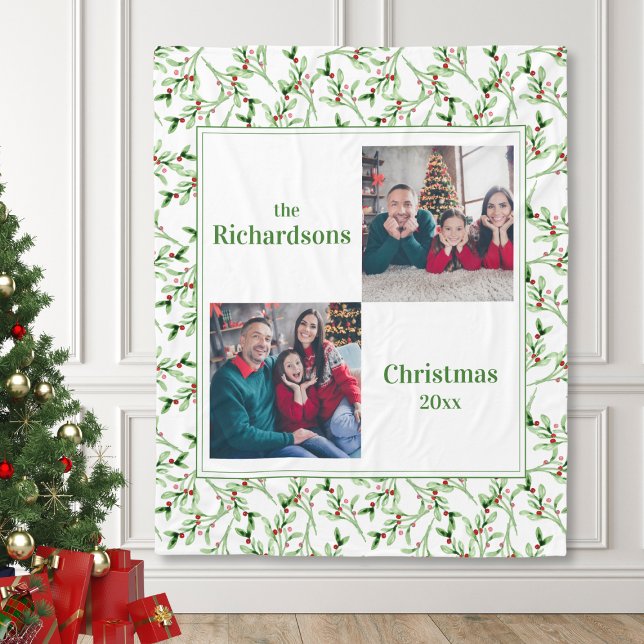Jul Familjefoto Flanellfilt Fleecefilt (christmas family photo keepsake blanket with mistletoe background, cozy personalized christmas gift)