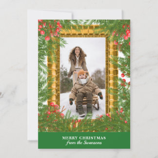 Jul Familjefoto Guld Ram Stilig Barr och Bär Julkort