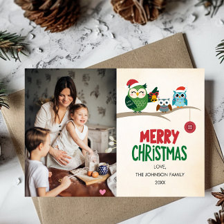 Jul Familjefoto Ugglor Färgglatt Modernt Sött Julkort