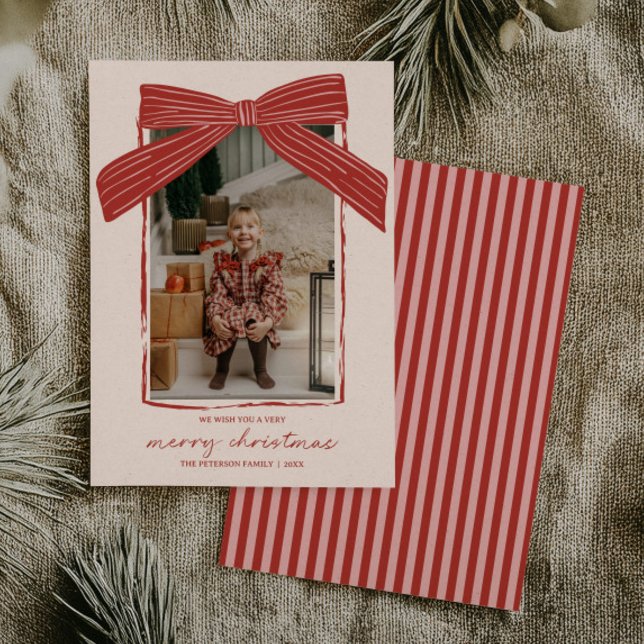 Jul Familjefotokort Julgran Bow Stripe Julkort (Skapare uppladdad)