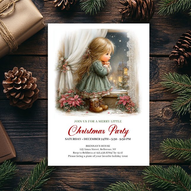 Jul Familjeinbjudan Söt Flickas Högtidsstämning Inbjudningar (Christmas Family Invite Cute Girl Holiday Scene)