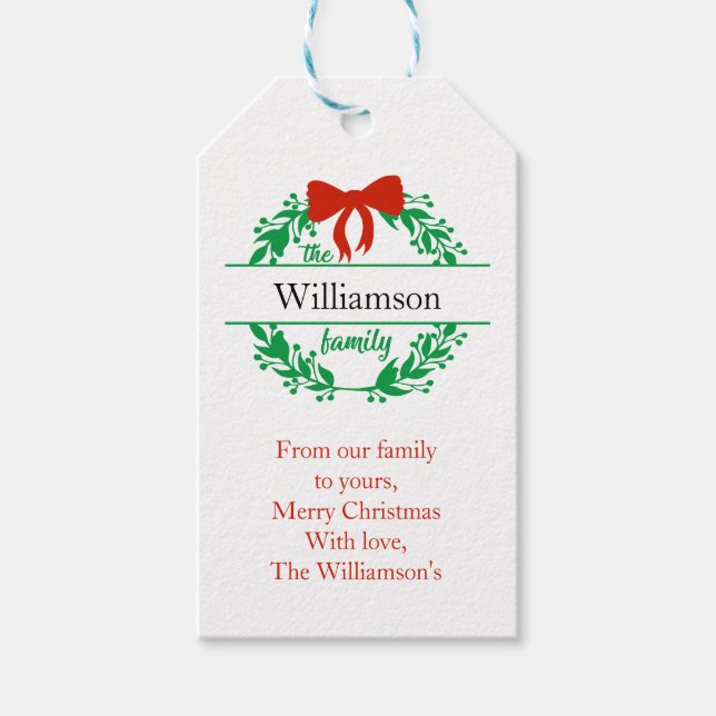 Jul Familjenamn Monogram Röd Grön Presentetikett (Framsidan)