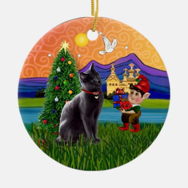 Jul Fantasi - Rysk Blå katt Julgransprydnad Keramik (Framsidan)