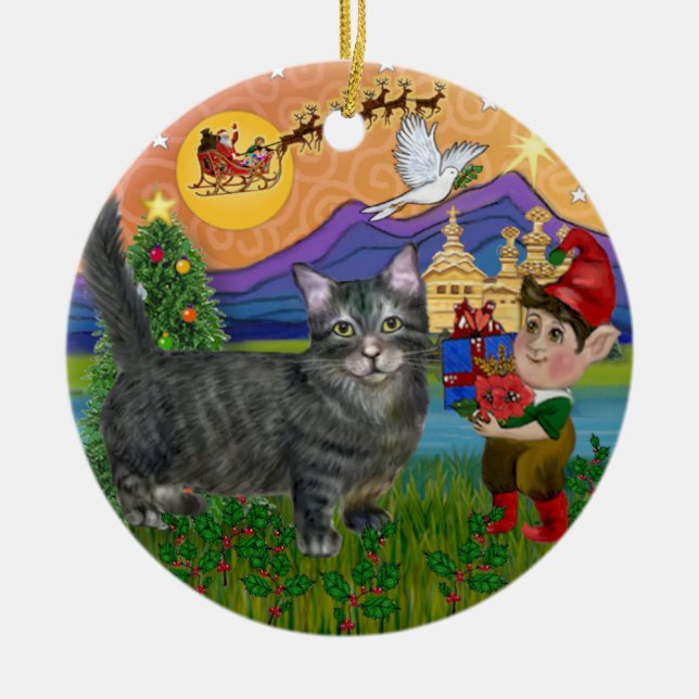 Jul Fantasi - Tabby Munchkin Katt Julgransprydnad Keramik (Framsidan)
