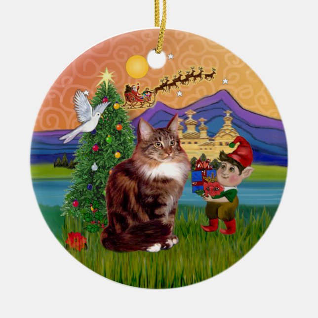 Jul Fantasy - Maine Coon cat Julgransprydnad Keramik (Framsidan)