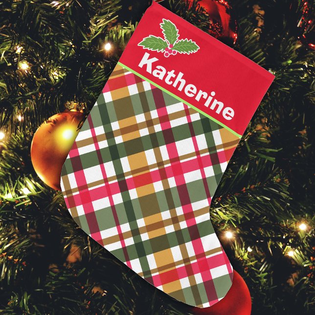 Jul Färg Play Stocking Stor Julstrumpa (Christmas Festival Spirit Colors Plaid Design. )