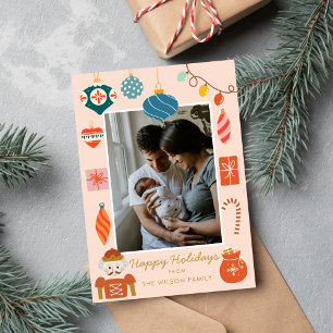 Jul Färgglad Ornament Söt Familjefoto Julkort