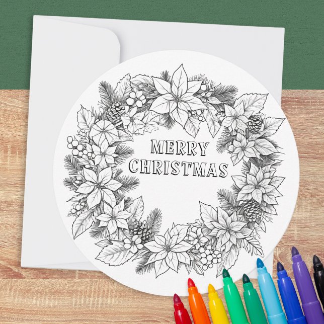 Jul färgläggning Elegant krans God Jul Julkort (A Christmas card to color, with round festive wreath design and Merry Christmas greeting)