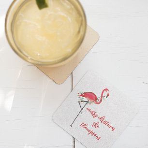 Jul Festive Cute Flamingo String Ljus Underlägg Papper Kvadrat