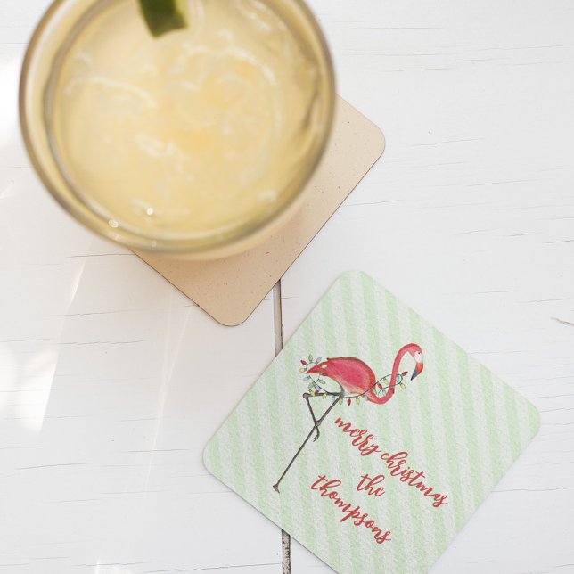 Jul Festive Cute Flamingo String Ljus Underlägg Papper Kvadrat (Pink flamingo Christmas holiday string light paper coaster)