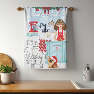 Jul Festive Helgdag Baking Watercolor Namn Kökshandduk