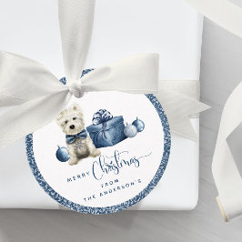 Jul, Festive Puppy, Blue and Silver Swirl Gåvor Etiketter