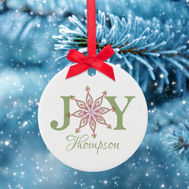 Jul Festive Red Grönt Joy Typography Julgransprydnad Keramik (Christmas holiday Joy typography with a colorful pink, red, and green whimsical snowflake. )