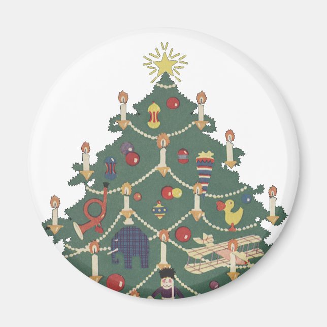 Jul firande barn runt en dekorerad julgran magnet (Framsidan)