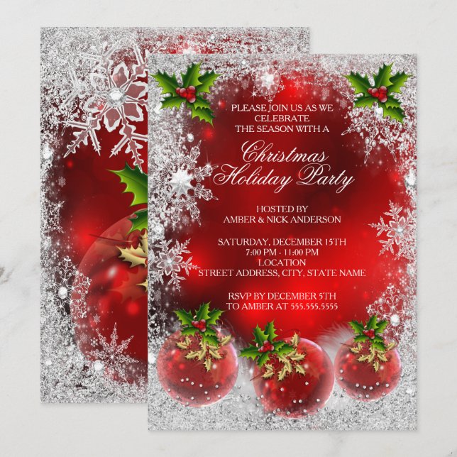 Jul firande fest Röd Holly-pynt Snöflinga Inbjudningar (Fram/baksida)