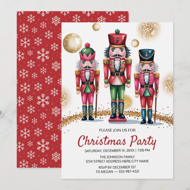 Jul firande party nötknäppare guldglitter    inbjudningar (Fram/baksida)