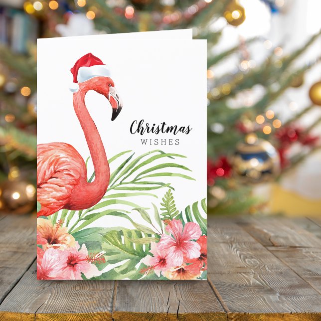 Jul Flamingo Blommig Grönska Önskningar Helgkort (Christmas Flamingo Floral Greenery Wishes Holiday Card)