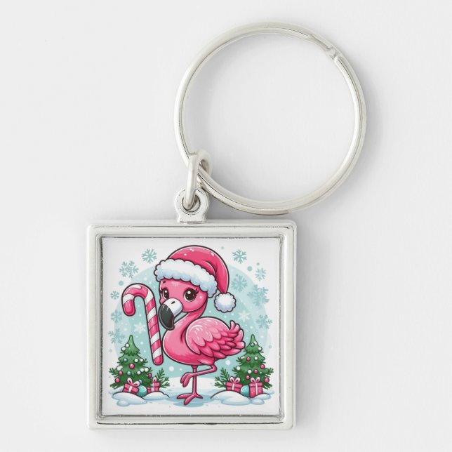 Jul Flamingo Sublimering Clipart-10424 Fyrkantig Silverfärgad Nyckelring (Framsidan)